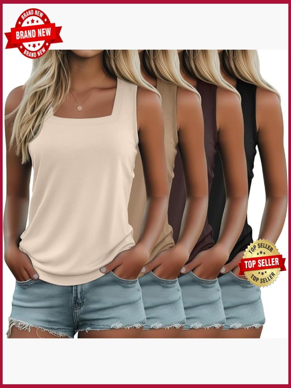 4 Pack Summer Tank Tops Women Sleeveless Square Neck Loose Fit Tanks Multipack